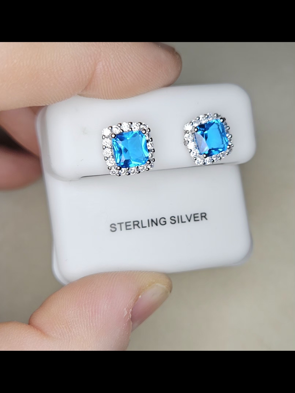 Sterling Silver Blue Moissanite Halo Stud Earrings